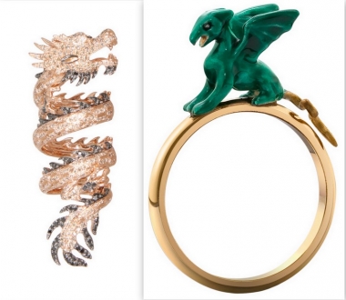 <p>Bague articul&eacute;e Dragon Pr&eacute;cieux, en or rose, diamants blancs et noirs. Elise Dray, en exclusivit&eacute; pour Montaigne Market&nbsp;/&nbsp;Bague Dragon en or et laque, Solange Azagury-Partridge</p>