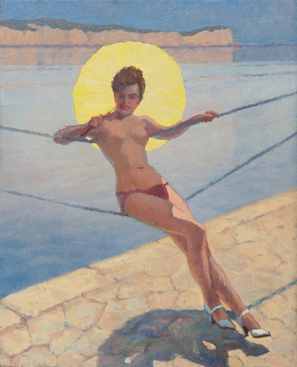 Edmond-Edouard Lapeyre, Femme en monokini et parasol jaune, avant 1955. 
 