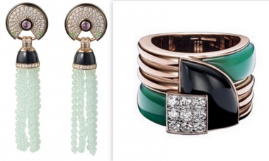 <p>Pendants d'oreilles Evasions Joailli&egrave;res en or rose, prehnites, onyx, calc&eacute;doines, chrysoprases et diamants, Cartier&nbsp;//&nbsp;Bague Modern Art Deco en or rose, brillants, or rose, onyx et agate, Ralph Lauren</p>