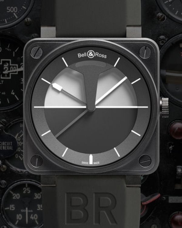 BR 01 Horizon, Bell & Ross. Inspiré des instruments d'aviation, le cadran reproduit l'horizon artifi