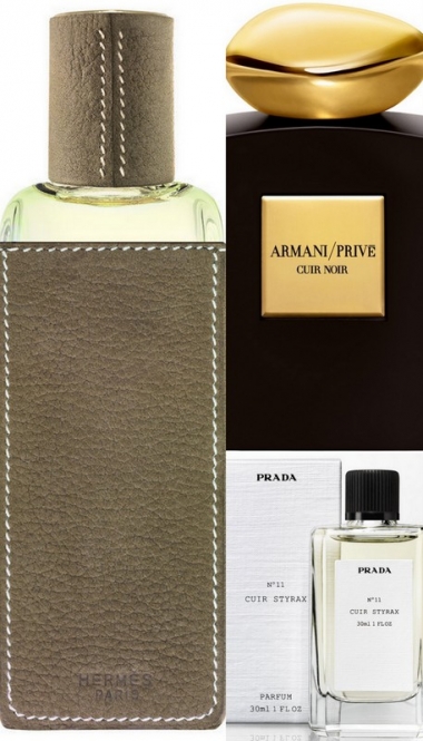 <p>Santal Masso&iuml;a, capot et fourreau en cuir de taurillon Gaucho et ch&egrave;vre Mysore, collection Hermessence, Herm&egrave;s<br />
Cuir Noir, collection des Mille et une Nuits, Armani/Priv&eacute;<br />
N&deg;11 Cuir Styrax, collection Les Essences Exclusives, Prada<br />
&nbsp;</p>